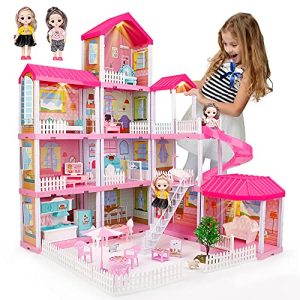 678 Doll House Kit,Dollhouse with Lights, Slide, Pets and Dolls, DIY Pretend Play Building Playset Toys with Asseccories and Furniture, Princess House for Toddlers, Kids?Boy?&?Girl (11 Rooms)