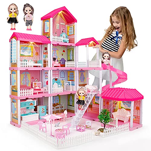 678 Doll House Kit,Dollhouse with Lights, Slide, Pets and Dolls, DIY Pretend Play Building Playset Toys with Asseccories and Furniture, Princess House for Toddlers, Kids?Boy?&?Girl (11 Rooms)