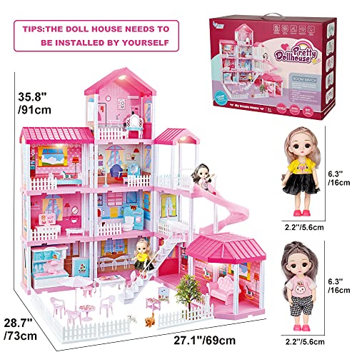 Second image of 678 Doll House Kit,Dollhouse with Lights, Slide, Pets and Dolls, DIY Pretend Play Building Playset Toys with Asseccories and Furniture, Princess House for Toddlers, Kids?Boy?&?Girl (11 Rooms)