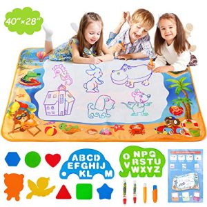 NASHRIO Water Painting Doodle Mat, Educational Drawing Toys for Age 3 4 5 6 7 8 9 10 11 12 Year Old Girls Boys Age Toddler Gift, No-Mess Activity Mat with Water Markers, Stencils and Shapes